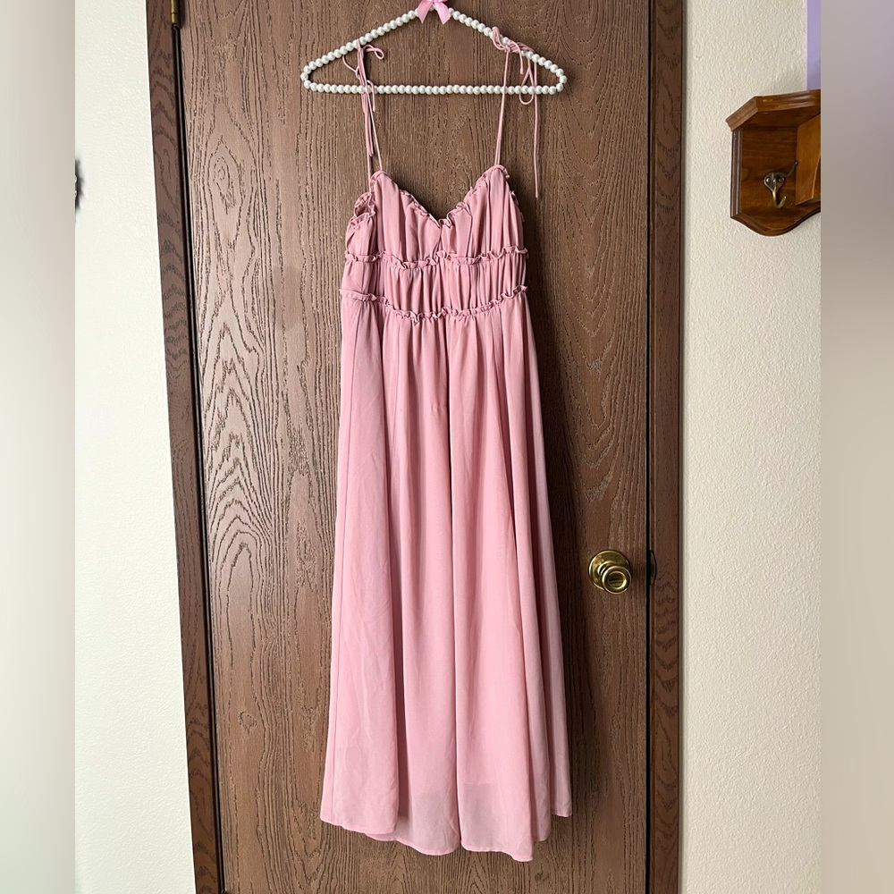 O.P.T Pink Ruffle Chiffon Empire Waist Midi dress with adjustable straps